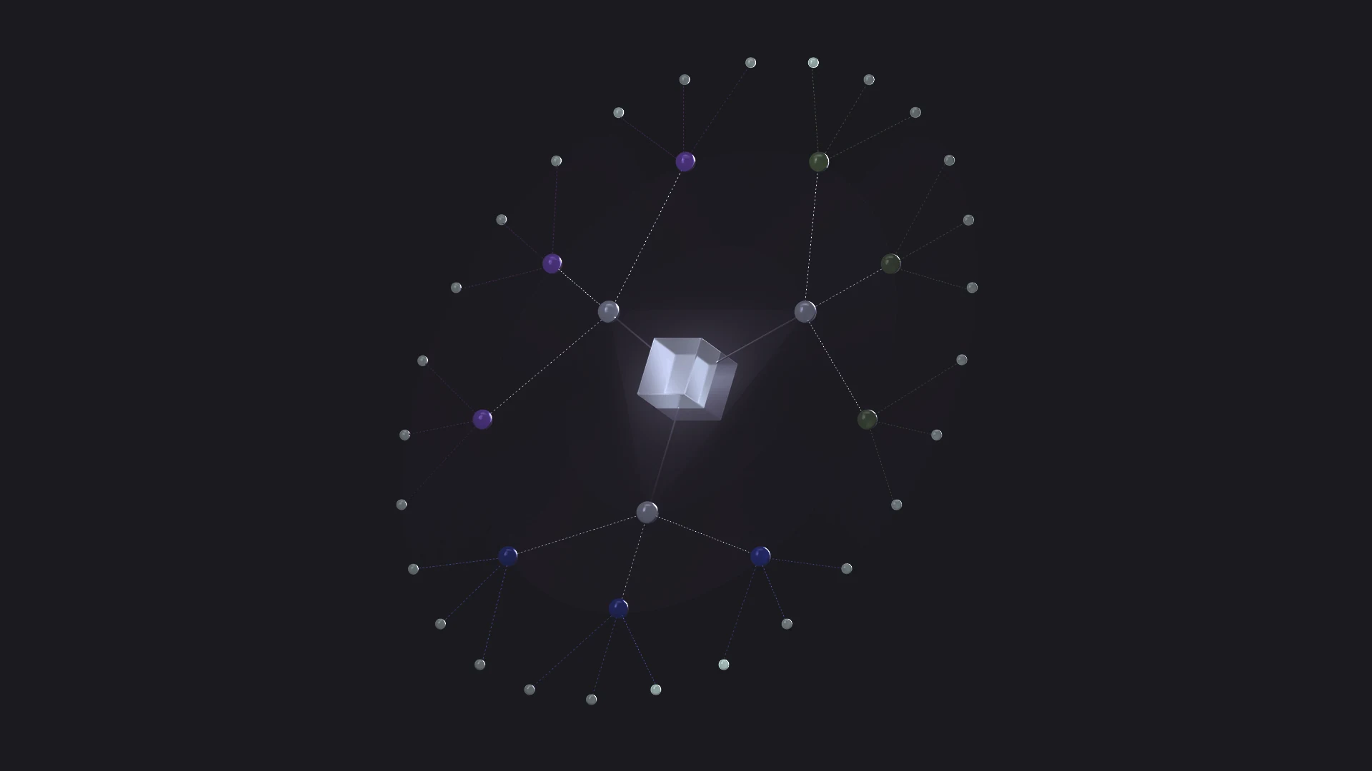A luminous cube connected to a cascade of colored nodes against a dark background.