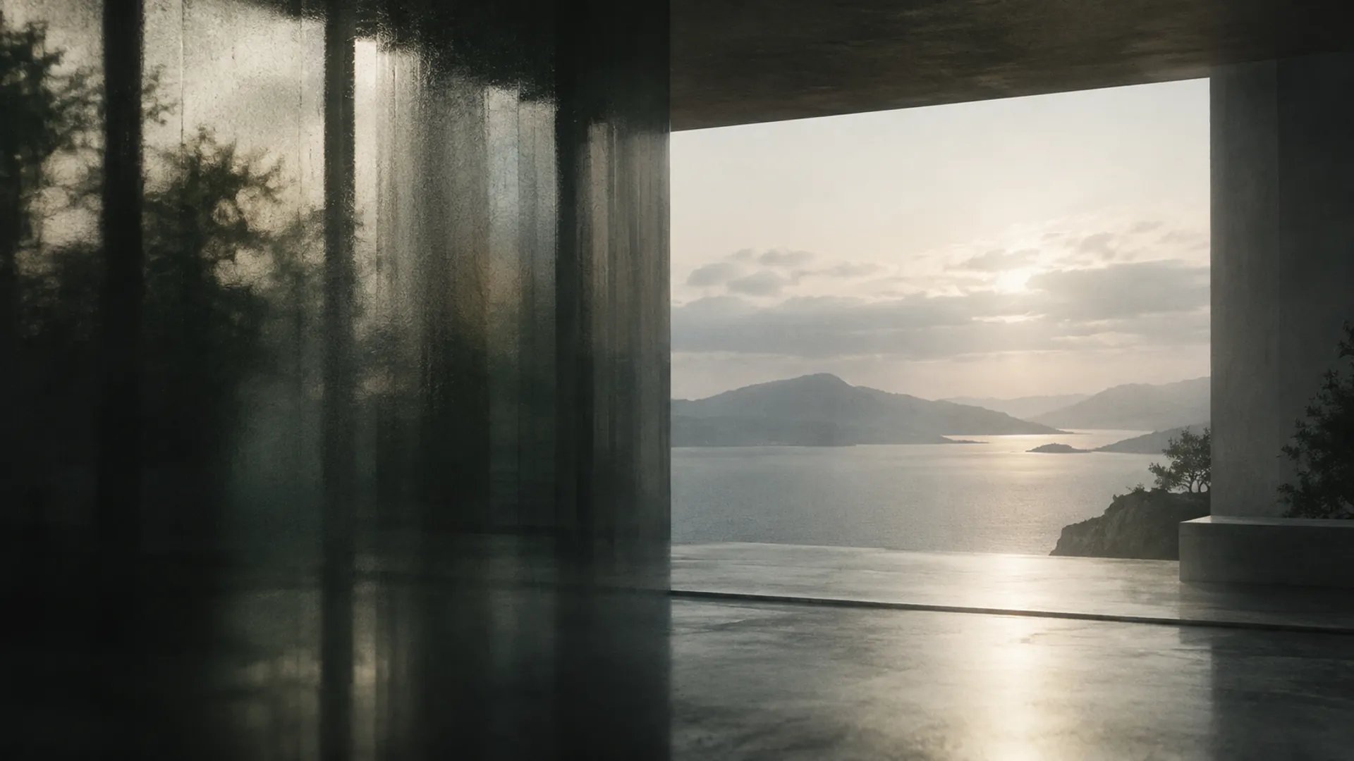 A dark interior opens toward soft daylight through textured glass, in muted green and gray tones.